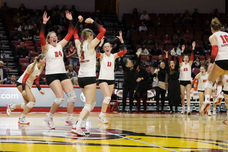 Brian Hill/bhill@dailyherald.com
Barrington celebrates their win in the IHSA Class 4A third-place game between Barrington and St. Charles East Saturday November 12, 2022 at Redbird Arena in Normal.