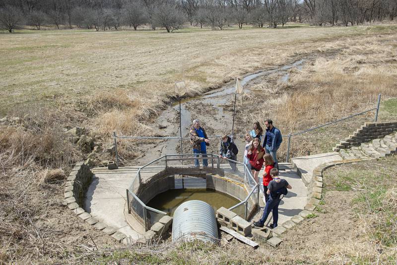 The holding pond is drained through this valve. A catch basin holds the fish while volunteers net and transport the walleye to buckets. When draining begins, right around Halloween, the workers attend the basin 24-7.