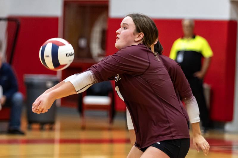 Lockport's Bridget Ferriter passes to a teammate during a 4A Supersectional girls volleyball game against Oak Park-River Forest at Hinsdale Central on Nov. 10, 2025.