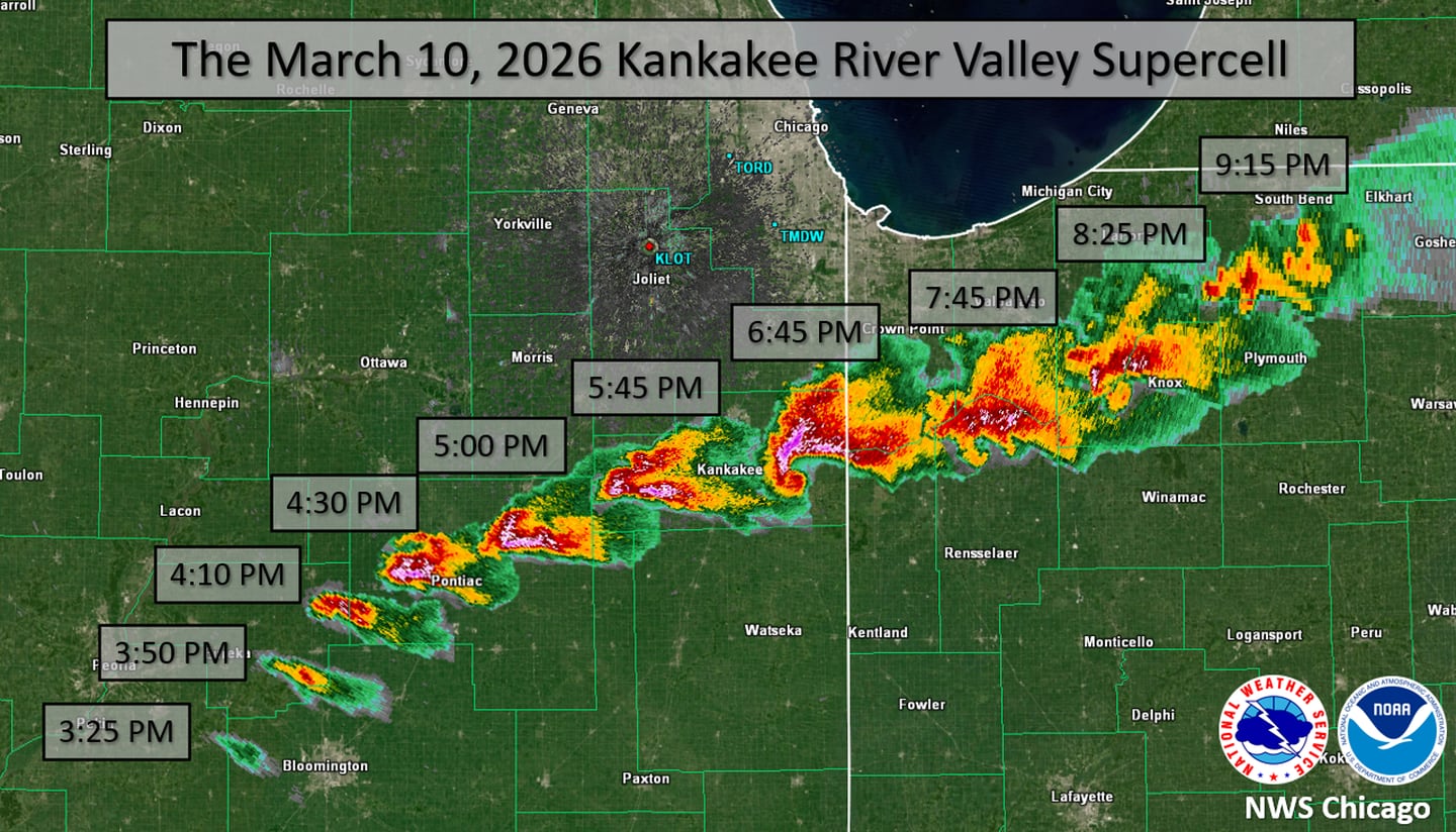 A National Weather Service radar time lapse mosaic of the supercell thunderstorm that produced 6+" hail and several tornadoes in the Kankakee River Valley shows several intense supercell thunderstorms moving across northern Illinois and northwestern Indiana the afternoon and evening of March 10.