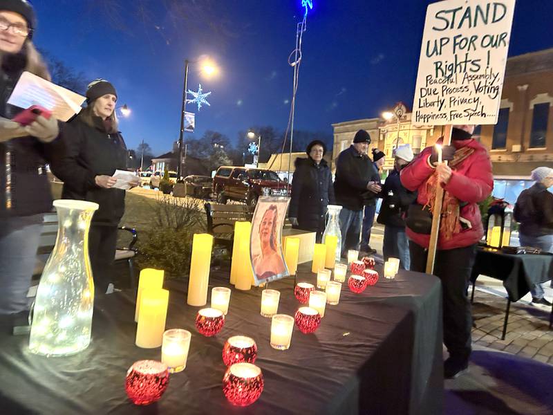 A candlelight vigil was held Friday, Jan. 9, 2026, on one corner of the Ogle County Courthouse square in Oregon for Renee Nicole Good, the Minnesota woman who was shot and killed during an Immigration and Customs Enforcement operation Jan. 7 in Minneapolis. Approximately 100 people attended the Oregon event that was organized by Indivisible of Ogle County.