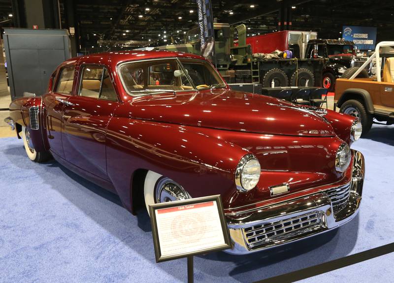 A view of a Tucker automobile on Thursday, Feb. 8, 2024 during the Chicago Auto Show in McCormick Place. The Tucker 48, known as the Tucker Torpedo, is an iconic American automobile that emerged as a symbol of innovation and ambition in the post-World War II era. Conceived by Preston Tucker and introduced in 1948, it featured cutting-edge technology and safety features that were ahead of it's time, including a rear engine, directional third headlight, and padded dashboard. There were only 51 Tuckers manufactured.