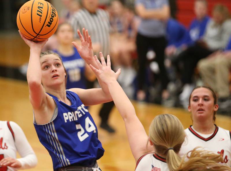 Princeton's Keighley Davis shoots a jump shot over Hall's Ella Sterling on Monday, Jan. 6, 2025 at Hall High School.