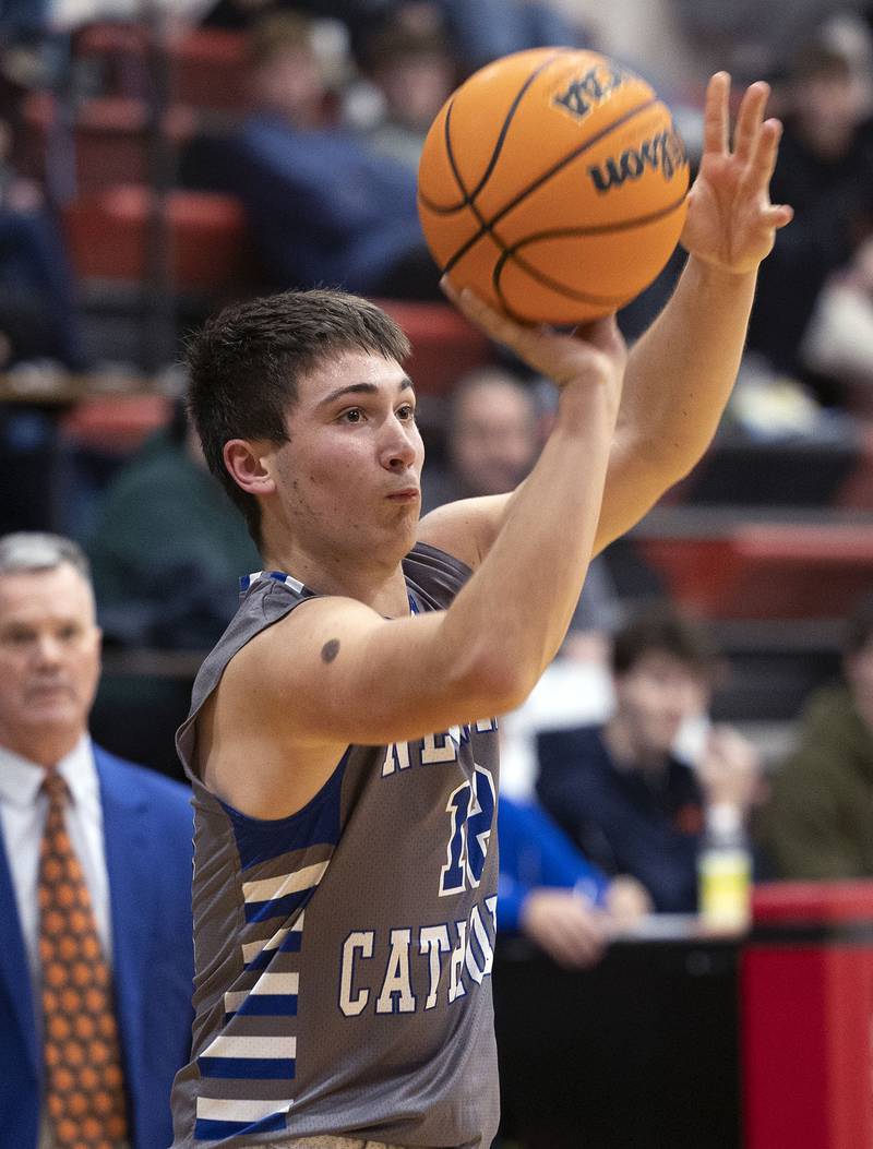 Newman’s Evan Bushman against Byron Friday, Dec. 19, 2025, in the Forreston Holiday Tournament title game.