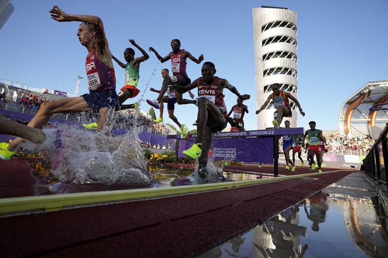 Evan Jager, far left, competes during the men's 3000-meter steeplechase final at the World Athletics Championships on Monday, July 18, 2022, in Eugene, Ore.