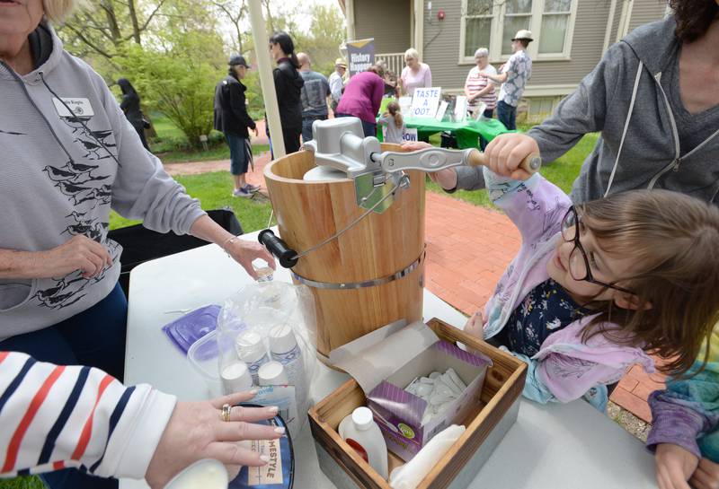 Children including Sydney Rickert of Downers Grove get the chance to make ice cream during the Country in the Park held at the Downers Grove Museum Saturday May 6, 2023.