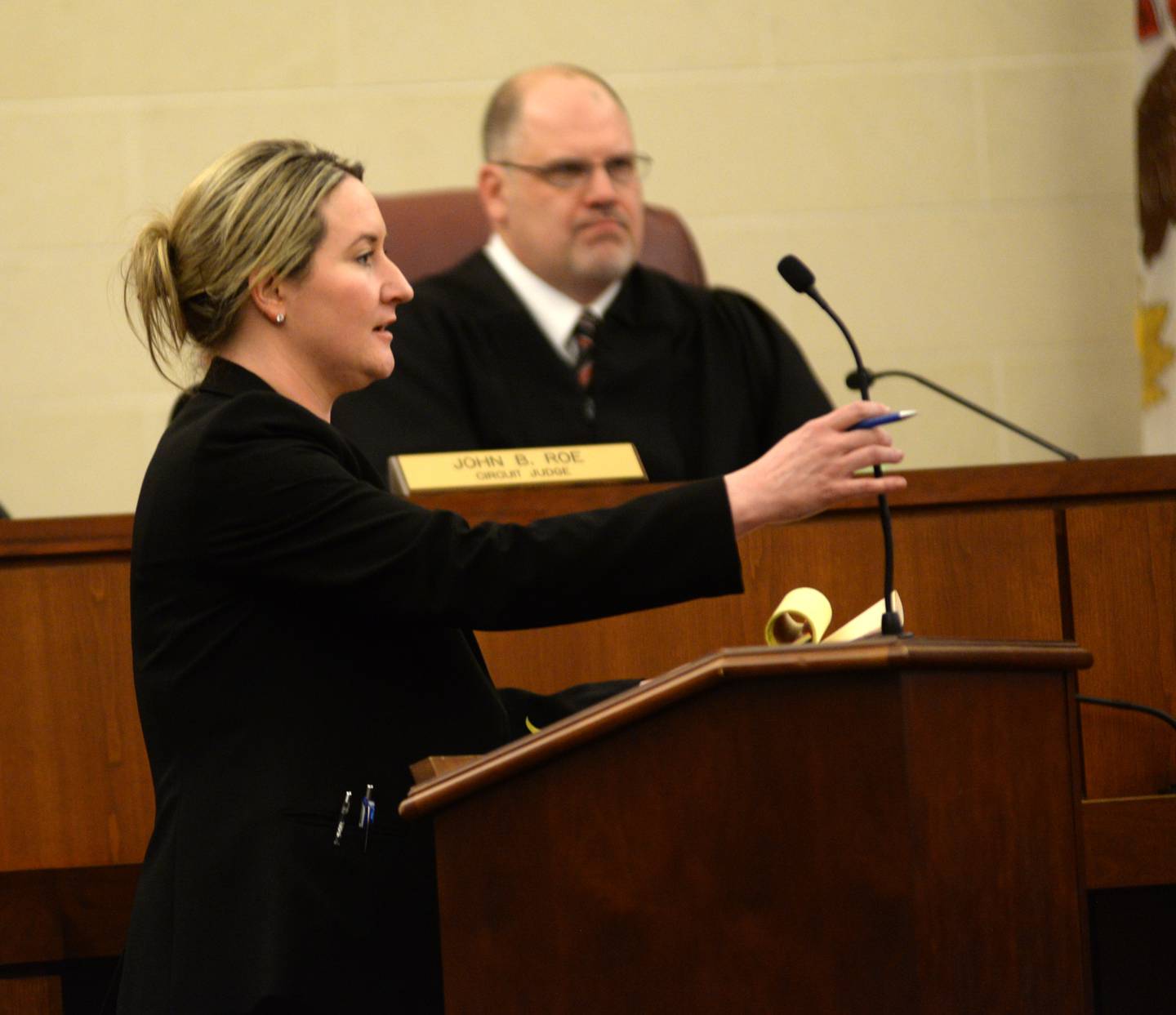 Ogle County Assistant State's Attorney Heather Kruse questions a witness at the Ogle County Judicial Center in Oregon on Tuesday, March 19, 2024.
