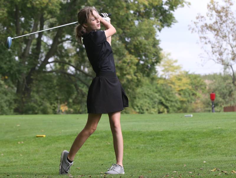 St. Bede's Anna Cyrocki tees off during the Class 1A Regional golf meet on Thursday, Sept. 28, 2023 at Spring Creek Golf Course in Spring Valley.