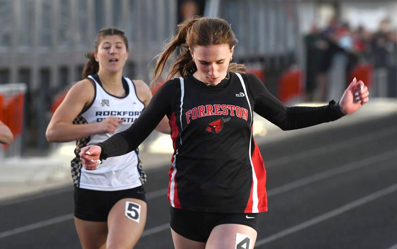 Forreston-Polo's Bree Schneiderman crosses the finlsh line first in the 100 meters at the 1A Winnebago Sectional on Wednesday, May 13, 2026.