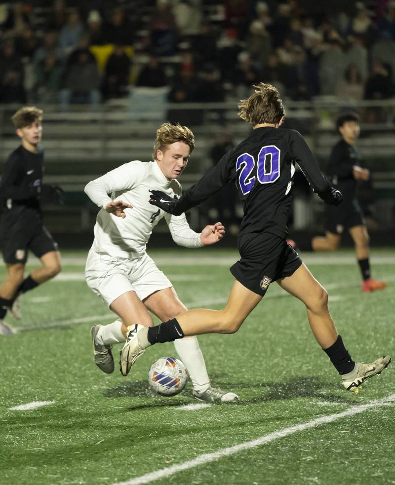 Prairie Ridge's Seth Matson, left, battles for the ball with Wauconda's Noah Schmidt during the Class 2A Boys Soccer Sectional final on Friday, November 1, 2024 at Grayslake Central High School. Ryan Rayburn for Shaw Local