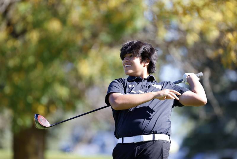 Ryan Porter of Grayslake North tees off at the IHSA Class 2A Kaneland boys golf sectional  Monday, Oct. 7, 2024 at at Hughes Creek in Elburn.