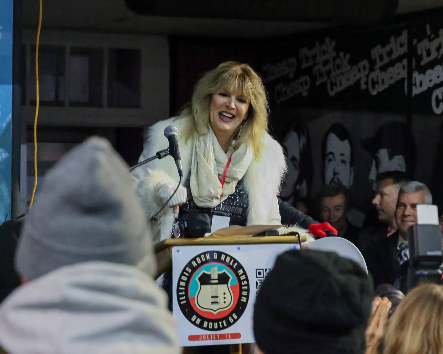 Shannon MacDonald speaks during the GIGANTAR celebratory lighting ceremony at the Illinois Rock and Roll museum.  Jan 20, 2023.