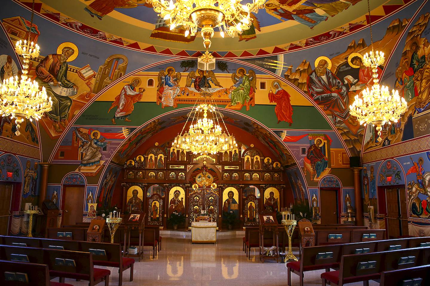 The interior of Annunciation Byzantine Catholic Church is covered in Byzantine icons, painted by the Rev. Thomas J.  Loya.