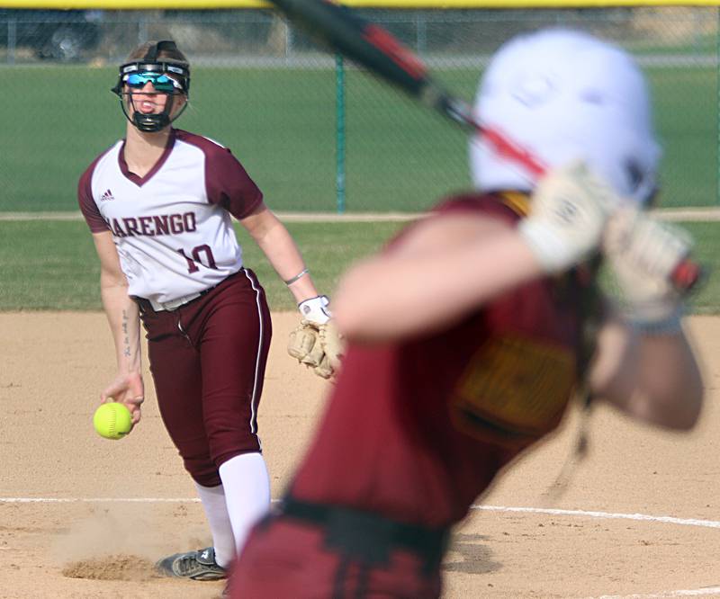 Marengo’s Lilly Kunzer delivers against Richmond-Burton in varsity softball at Marengo Tuesday.