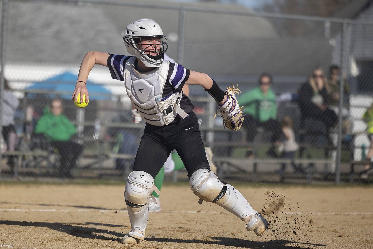 Dixon’s Ava Valk fires to first for an out against Rock Falls Tuesday, April 9, 2024 at Reynold’s field in Dixon.