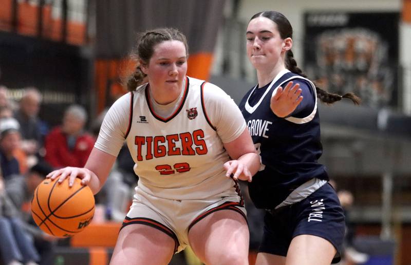 Cary-Grove’s Avery Hoffman, right, guards battles Crystal Lake Central’s Leah Spychala in varsity girls basketball on Tuesday, Jan. 7, 2025, at Crystal Lake Central High School in Crystal Lake.