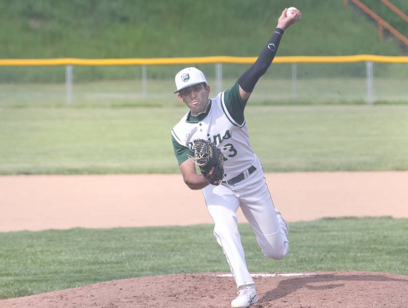 St. Bede pitcher Ranbir Saini lets go of a throw to Bureau Valley on Wednesday, May 14, 2025 at St. Bede Academy.