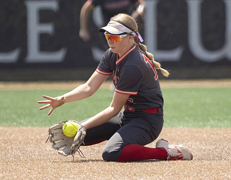 Charleston’s Maci Mayhall makes a sliding play against Antioch Friday, June 9, 2023 in the class 3A state softball semifinal.