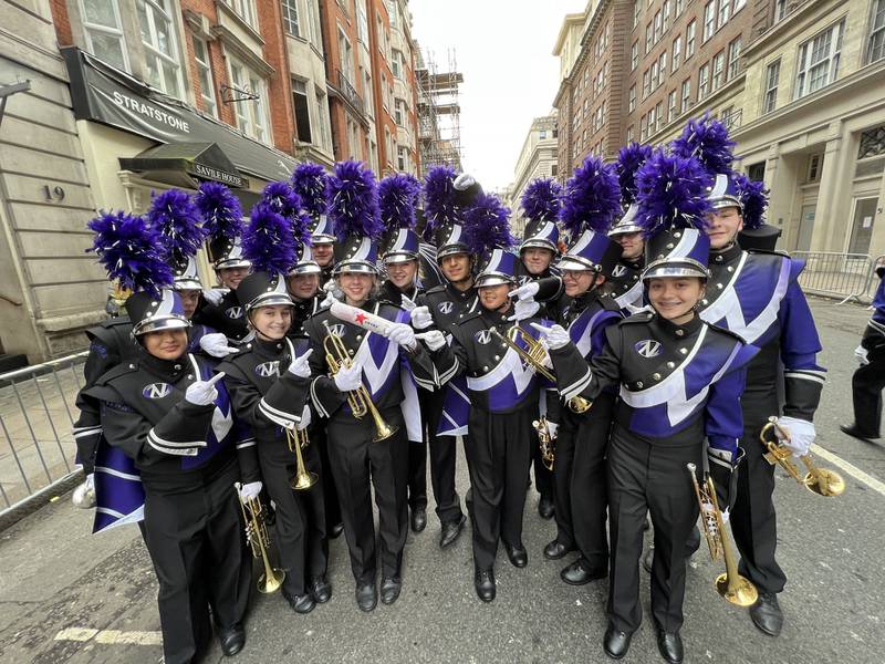 Members of the Downers Grove North High School marching band prepare to step off in London's New Year's Day parade. (Courtesy of Downers Grove North)