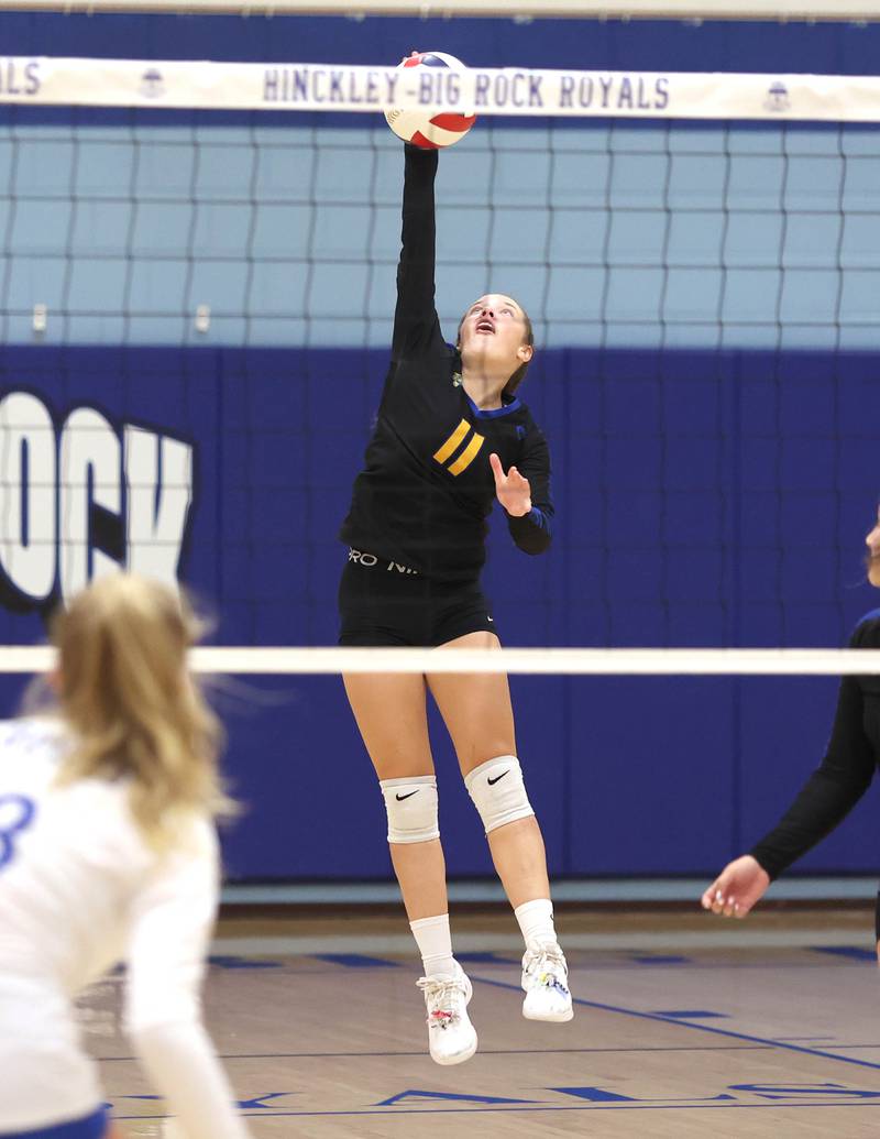 Somonauk's Haley McCoy spikes the ball during their match Thursday, Sept. 15, 2022, at Hinckley-Big Rock High School.