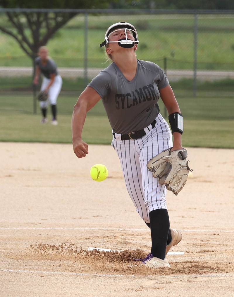 Sycos' Makayla Jonutz delivers a pitch Friday, June 27, 2025, during their 16u game against Select Fastpitch in the Storm Days tournament at the Sycamore Community Sports Complex.