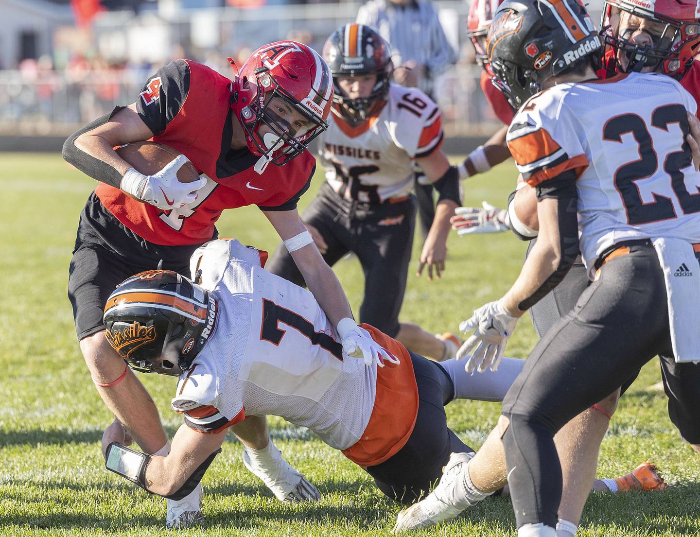 Amboy’s Colt McCoy is stopped short of the goalie by Milledgeville’s Konner Johnson Saturday, Nov. 15, 2025, in the 8-man football semifinal.