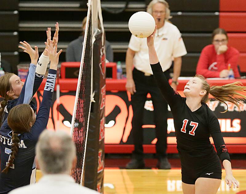 Hall's Mya McLaughlin hits the ball to the Bureau Valley side of the net in the Class 2A Regional game on Monday, Oct. 24, 2022 at Hall High School in Spring Valley.