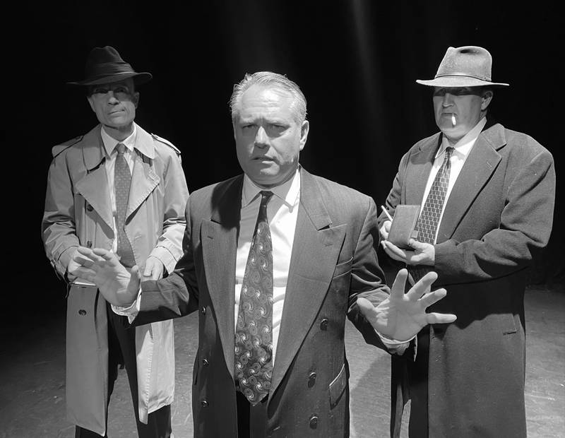 DOA at Steel Beam Theater: Mike Speller (l) as the Captain, Dean Gallagher (Frank Bigelow) and Paul Anderson (Detective Lewis).