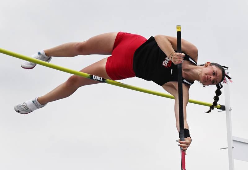 Huntley’s Emma Garofalo clears the bar while competing in pole vault during the Class 3A girls track and field state meet at Eastern Illinois University on Saturday, May 23, 2026 in Charleston.