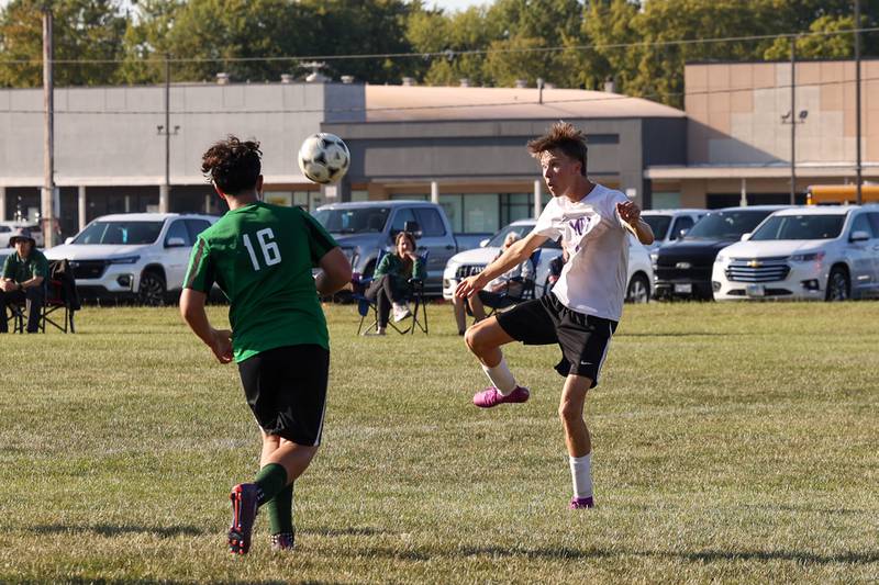 Manteno's Eric Eldridge prepares to shoot on goal off a cross during the Panthers' 10-0 victory over Bishop McNamara on Monday, Sept. 8, 2025.
