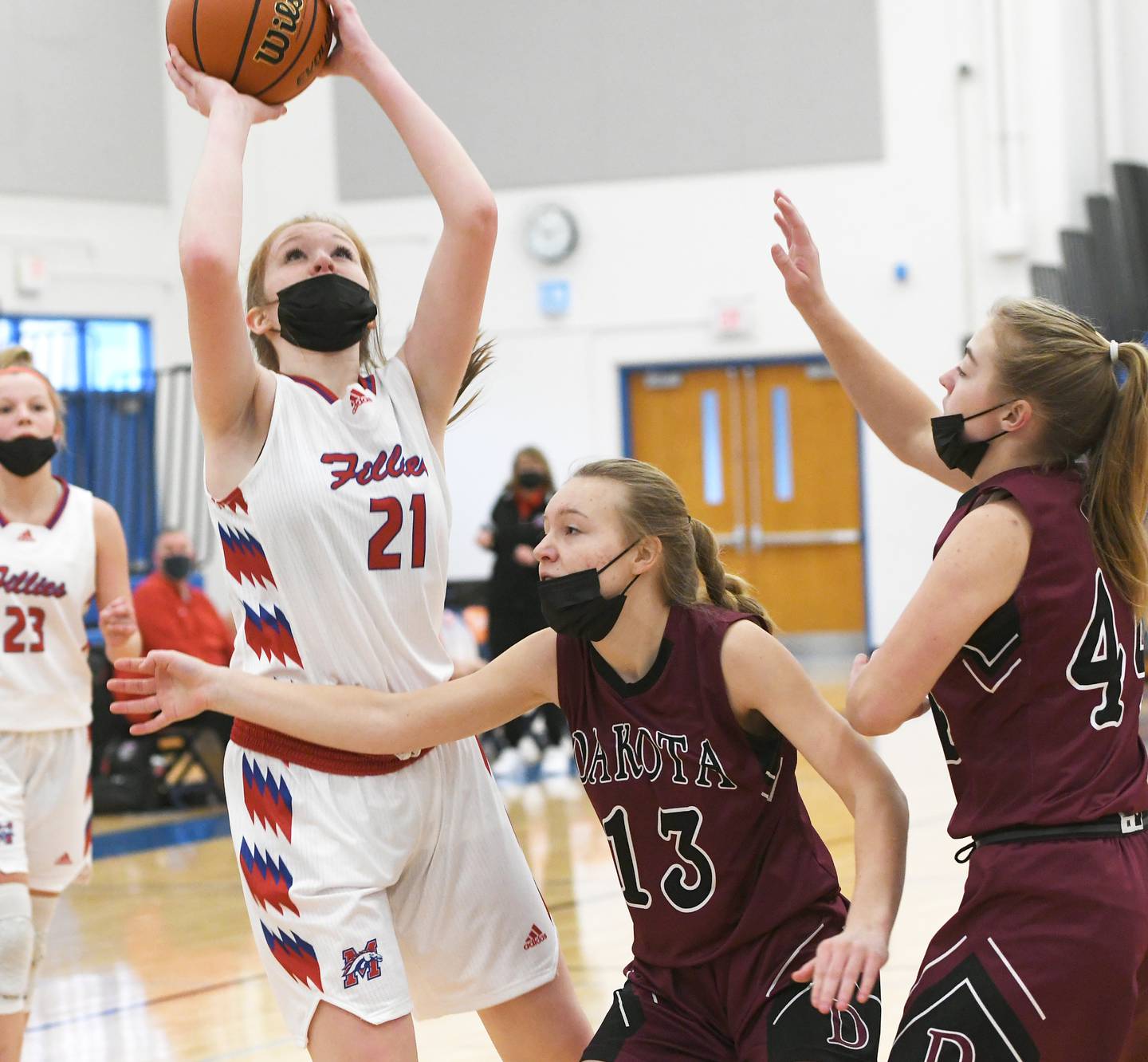 Morrison's Camryn Veltrop shoots during Saturday's Northwest Illinois Girls' Shootout at Eastland High School. Camryn had 15 points in Morrison's 56-38 win.