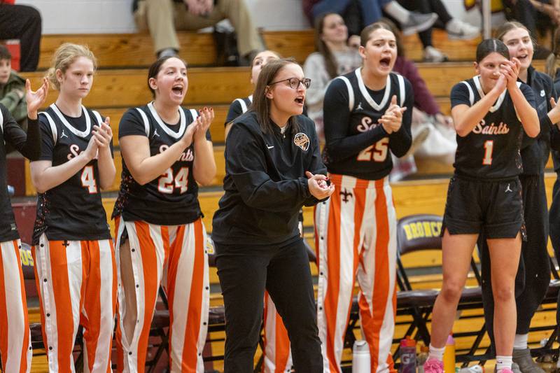 St. Charles East Coach Katie Cloussner reacts to a play against Benet at the Montini Christmas Tournament on Tuesday, Dec.23,2025 in Lombard.