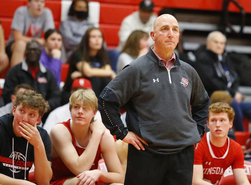 Hinsdale Central coach Nick Latorre watches play during the Hinsdale Central Holiday Classic championship game between Oswego East and Hinsdale Central high schools on Thursday, Dec. 29, 2022 in Hinsdale, IL.