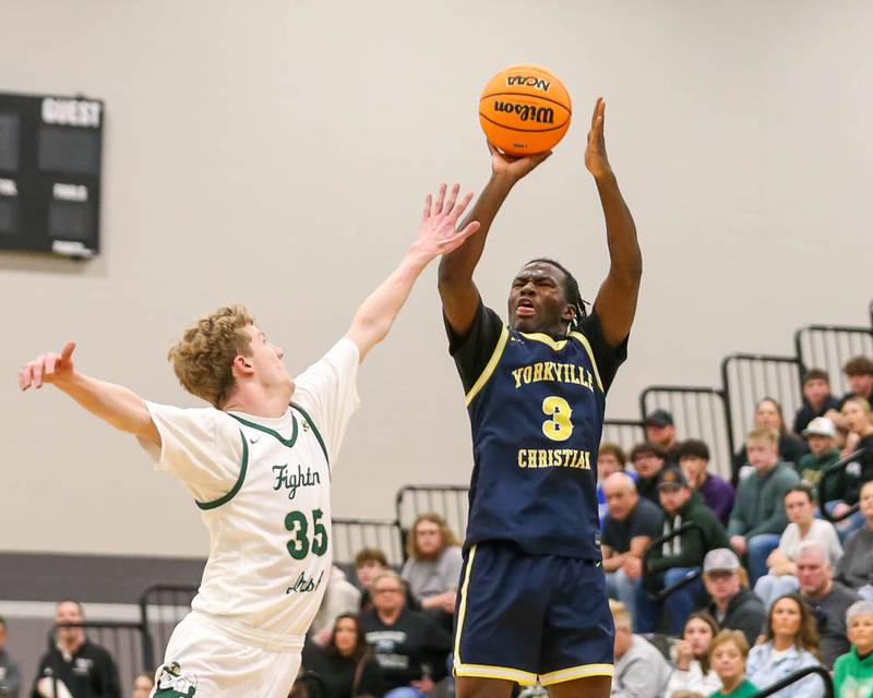 Yorkville Christian's Jayden Riley (3) shoots a jump shot during their Class 2A Seneca Sectional final basketball game between Bishop McNamara at Yorkville Christian, March 6, 2026 in Senaca.