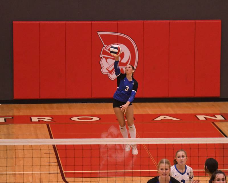 Geneva's Maddie Parsons (3) serves the ball while taking on Nazareth Academy during the sectional title game on Thursday Nov. 6, 2025, held at Timothy Christian High School.