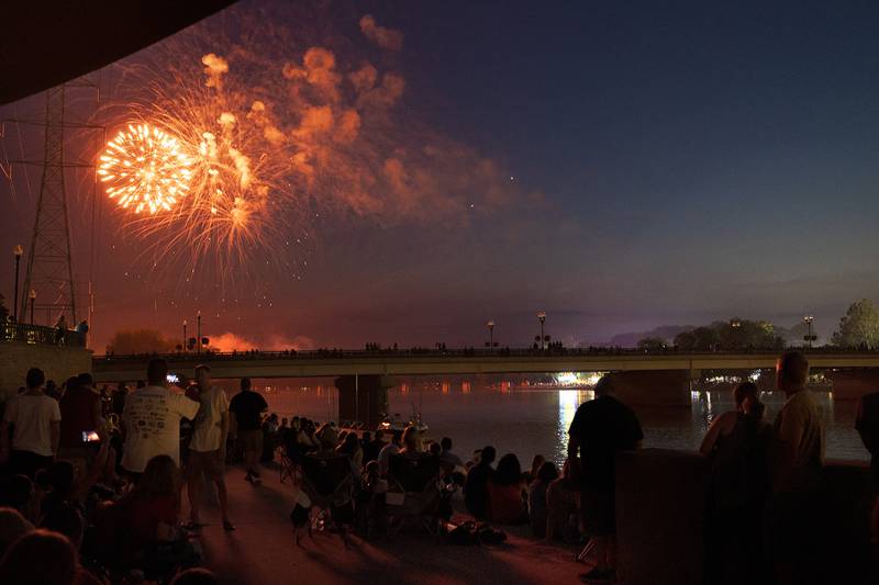 Spectators watch as fireworks illuminate the sky Monday, July 3, 2023 at Petunia Fest in Dixon. 90’s rock band Everclear finished off the weekend after the fireworks with a show on the main stage in downtown Dixon.