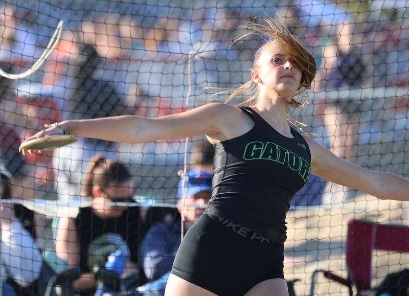 Crystal Lake South’s Sedona Semradek competes in the discus finals Friday, May 15, 2026, during the Class 2A girls track sectional at Genoa-Kingston High School.