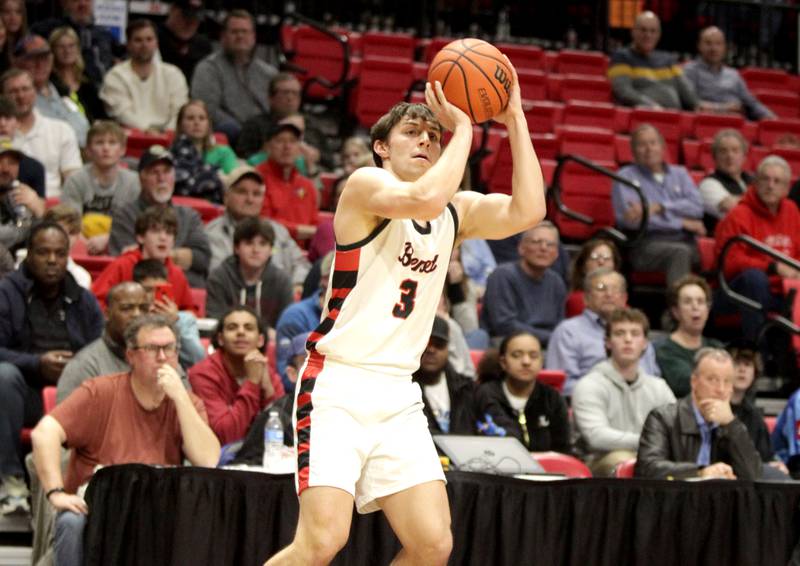 Benet’s Brady Kunka shoots the ball during the Class 4A NIU Supersectional against Rockford Auburn in DeKalb on Monday, March 6, 2023.