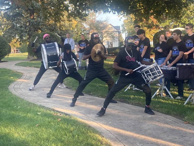 Members of the drumline Kaotic perform at the Let's Beat Breast Cancer Rally in Lockport's Central Square.
Thursday, Oct. 16, 2025.
