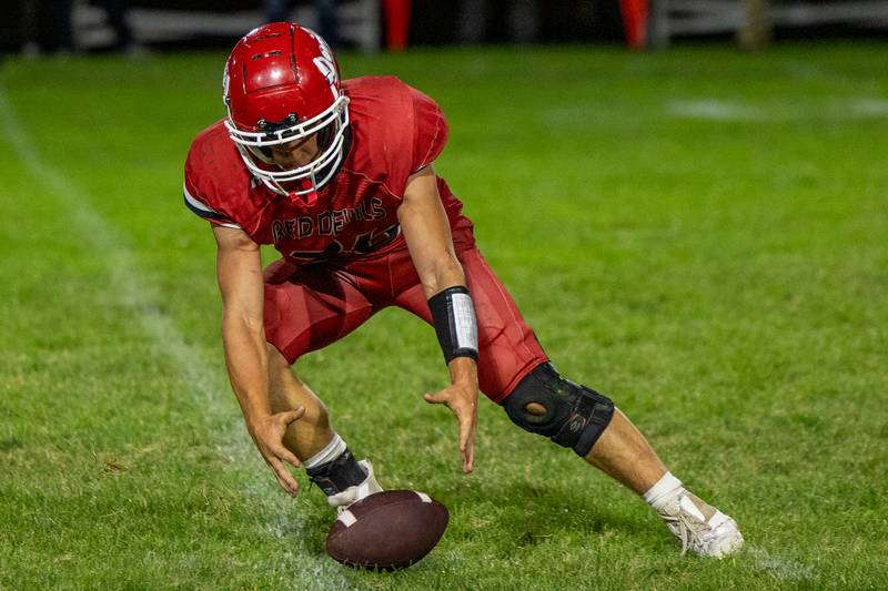 Jonathon Stunkel (36) of Hall retrieves onside kick on Friday, Sept 5, 2025 at Richard Nesti Stadium in Spring Valley.