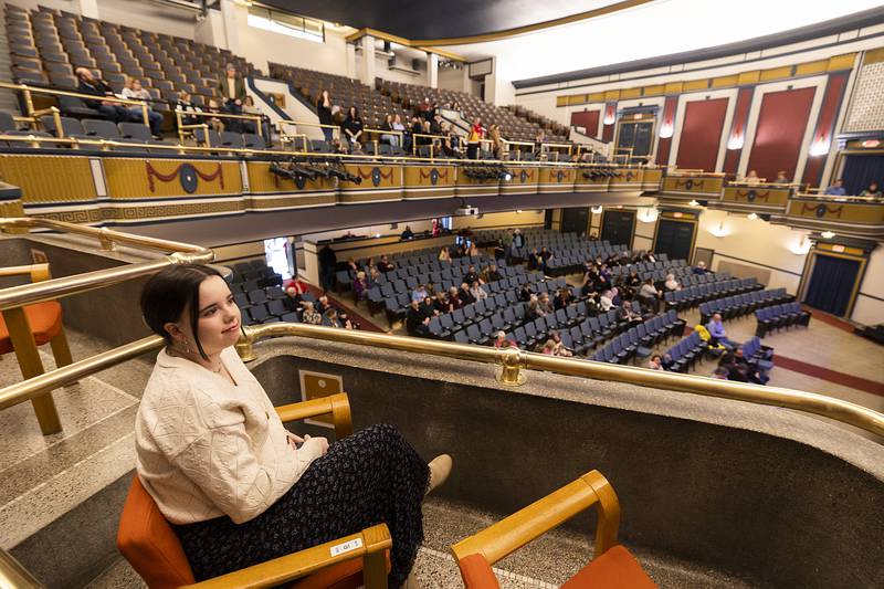 Leah Stach takes her seat in a box Sunday, March 2, 2025, at The Dixon for a showing of "Spamilton." After being shuttered for several months due to a renovation, the theater is back in business.