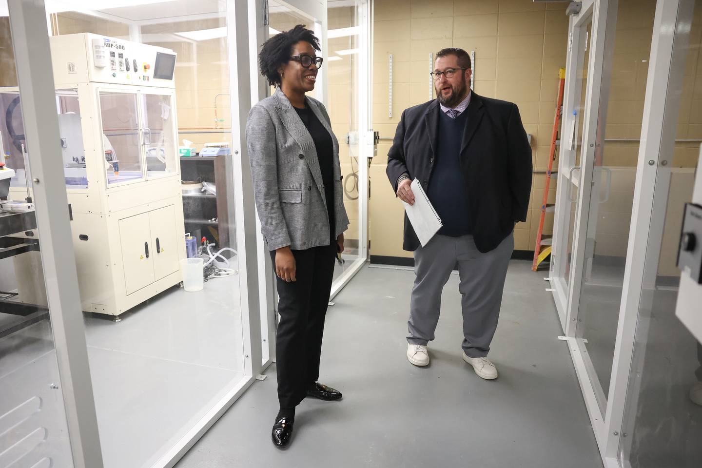 Illinois District 14 Representative Lauren Underwood is given a tour of the new semiconductor lab currently under construction by Lewis University Professor Jason Keleher on Tuesday, Jan 28, 2025 in Romeoville.