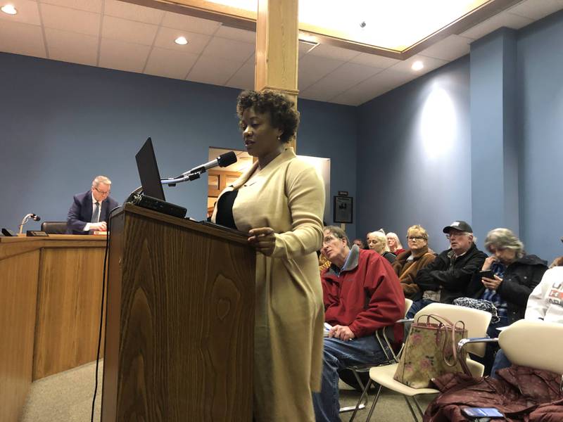 Sierra Club Clean Water Advocate Mila Marshall presents to the La Salle City Council and residents in attendance Monday, March 6, 2023 at City Hall.