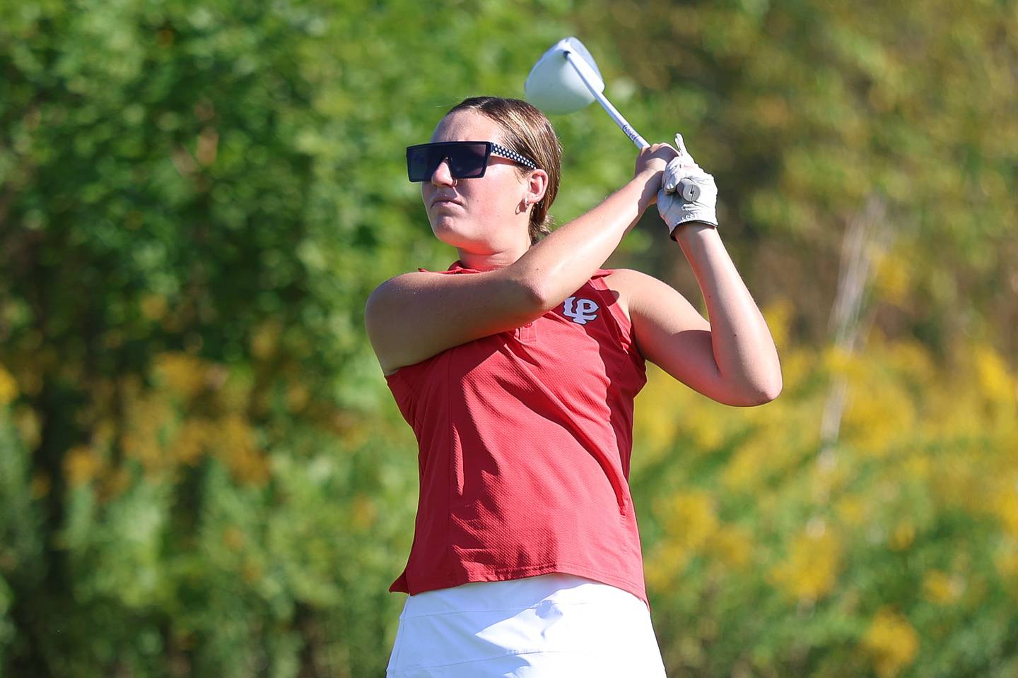 LaSalle-Peru's Charlie Slusarek drives off the 12th hole in the 2A Rich Township Regional girls golf tournament on Tuesday, Sept. 30, 2025 in University Park.