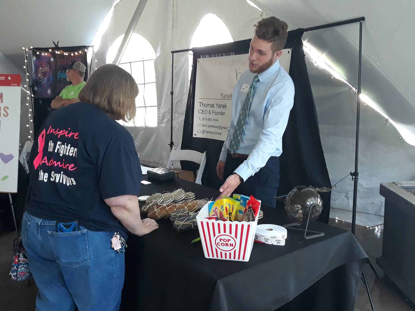 Woodland High School senior Thomas Yanek pitches his custom-made coasters Wednesday, May 18, 2022, during the Streator Area CEO program trade show at The Eastwood.