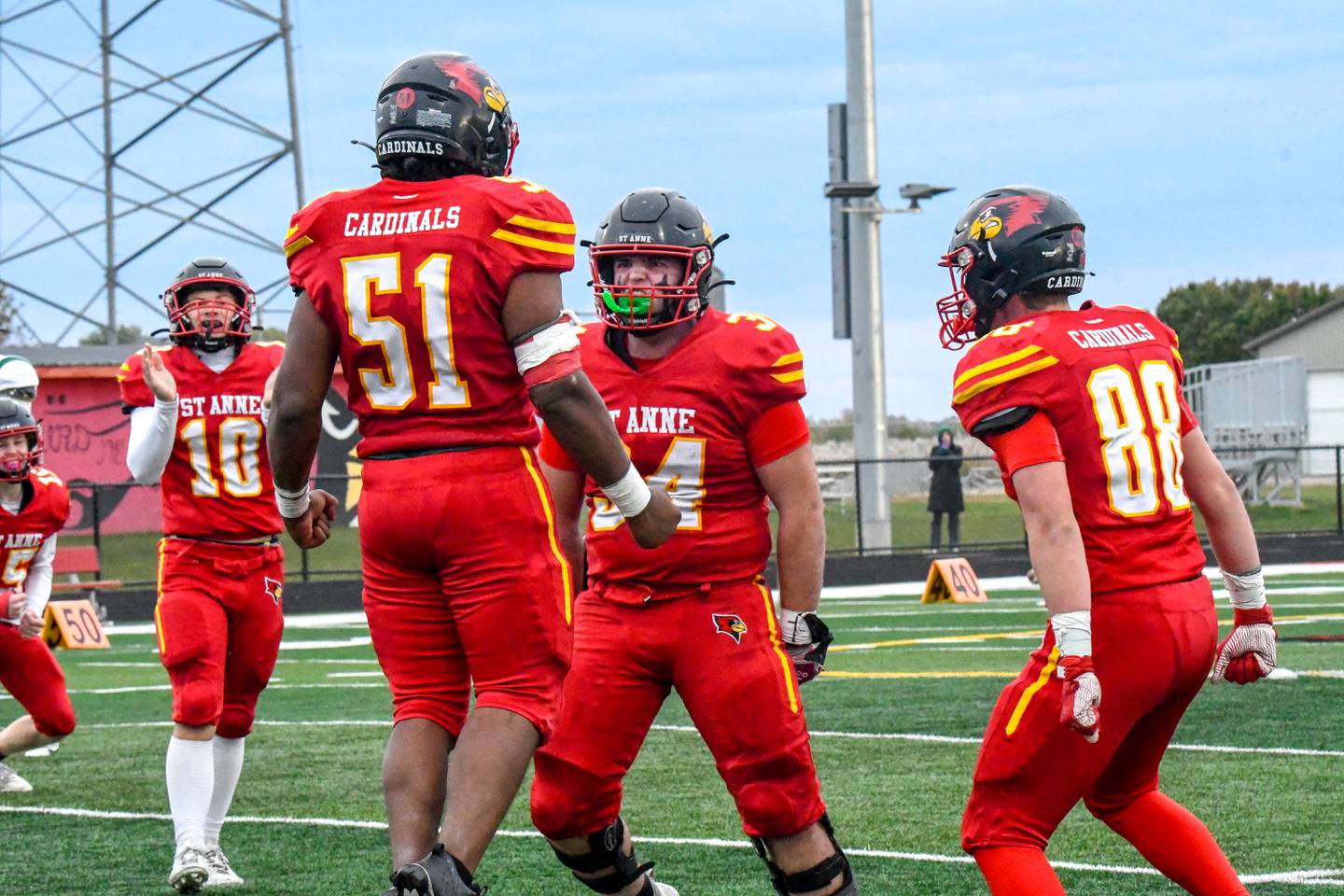 St. Anne's Brandon Schoth celebrates a defensive turnover during St. Anne's 39-20 victory over Metro-East Lutheran on Saturday, November 1, 2025.