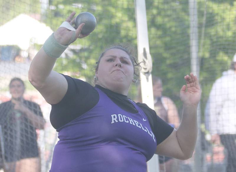 Rochelle's Erin Murphy competes in the shot put during the Interstate 8 Conference girls track championship on Friday, May 9, 2025 at Morris High School.