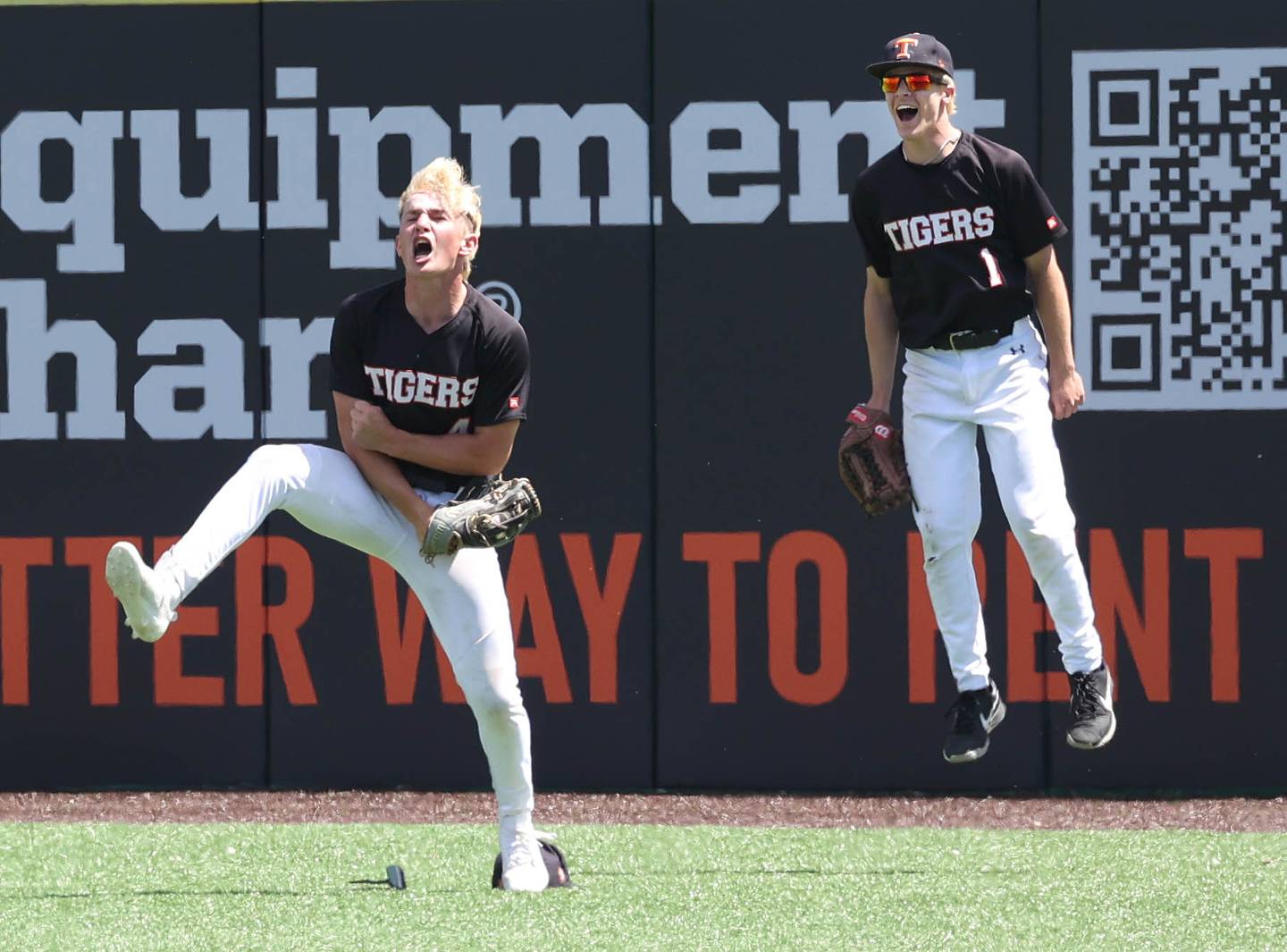 Crystal Lake Central's Carter Kelley (left) and teammate Andrew Welder celebrate after Kelley’s diving catch during their Class 3A state semifinal game against Morris Friday, June 7, 2024, at Duly Health and Care Field in Joliet.