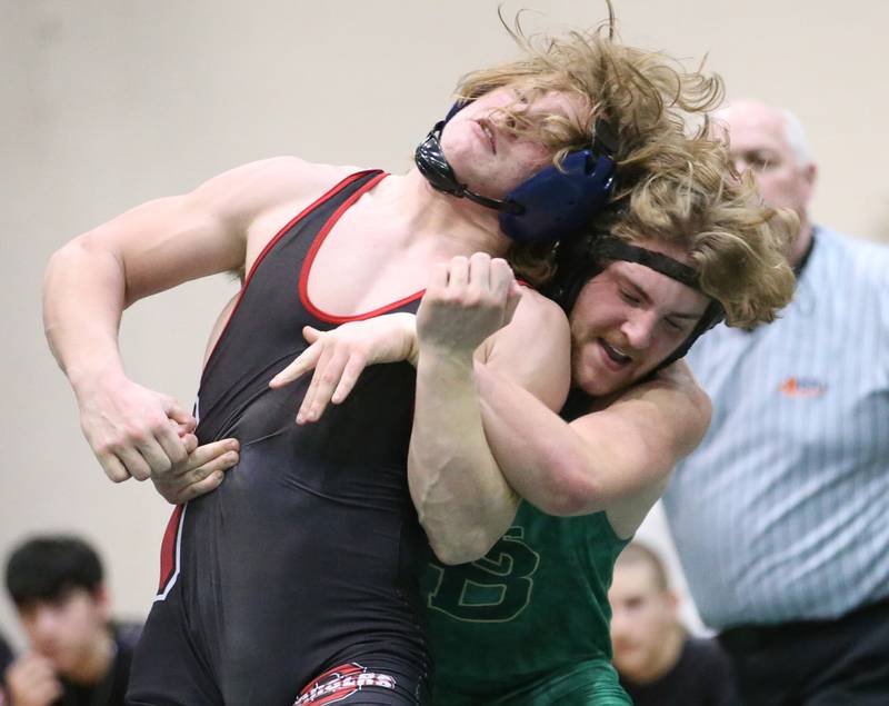 St. Bede's Ryan Miglorini Wrestles Orion's Maddux Anderson during a triangular meet on Wednesday, Jan. 18, 2023 at St. Bede Academy.