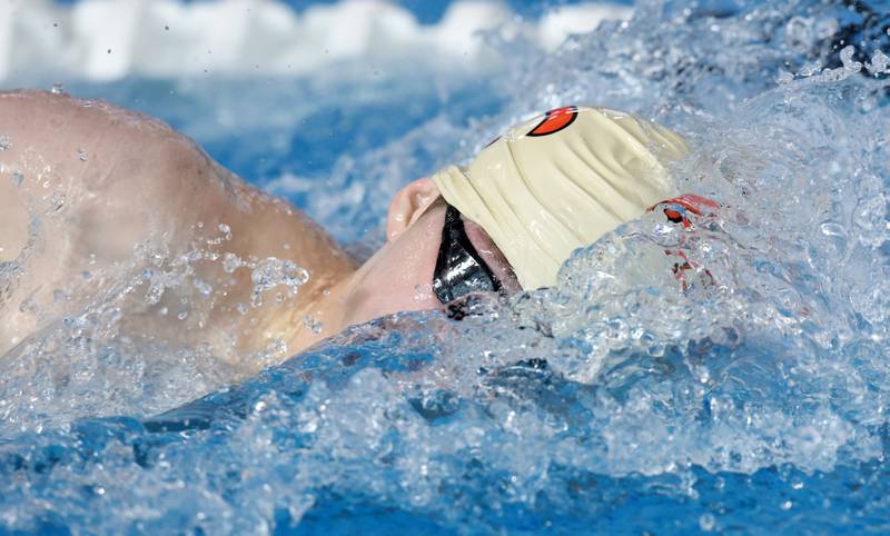 St. Charles East’s Kyle Algrim swims the 500-yard freestyle during the boys state swimming and diving finals at FMC Natatorium on Saturday, Feb. 24, 2024 in Westmont.